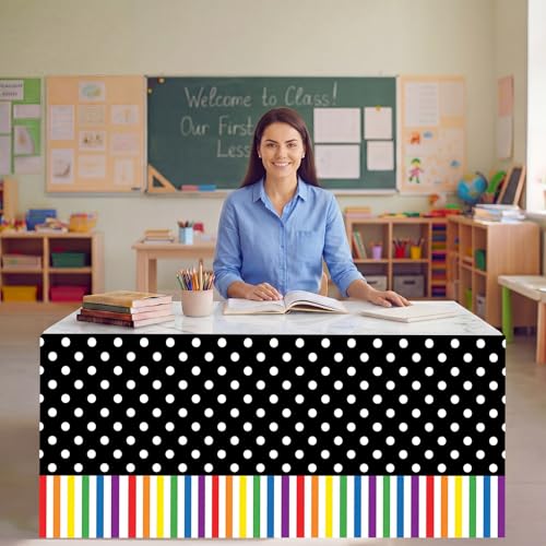 Haull 6ft Polka Dots Back to School Polyester Table Skirt for Teacher Desk Reusable Teacher Desk Curtain Skirts Decor for First Day of Classroom Kindergarten Office Bookcase Supplies by Haull - Used condition - Image 6