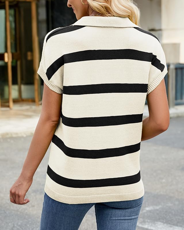 Women's Striped Sweater Vest V Neck Cap Short Sleeve Loose Knit Pullover T Shirt Color Block Tank Top4