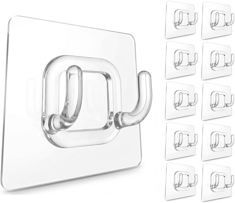 Clear Adhesive Double Hooks, 10 Pack Waterproof No Drill Wall Hooks, Transparent Heavy Duty Sticky Hooks for Bathroom, Kitchen, Shower, Door, Tile, Glass and Home Organization