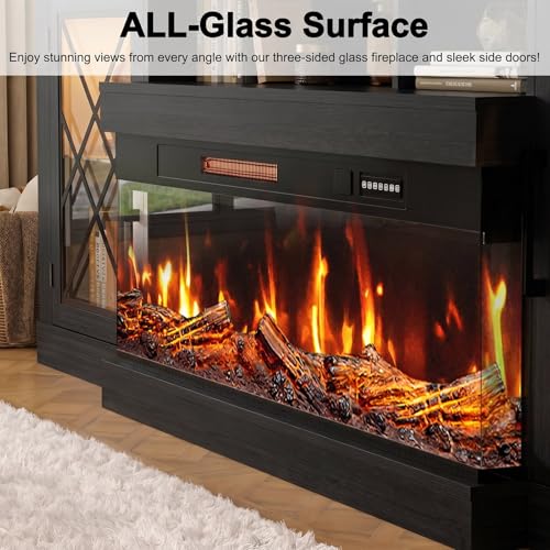 Image of BREEZEHEAT Fireplace TV Stand for TVs up to 90 inch, 3-Sided Electric Entertainment Center with 40 inch LED Fireplace, Media Console w /Storage Cabinet & Glass Doors, 79Inch, Black