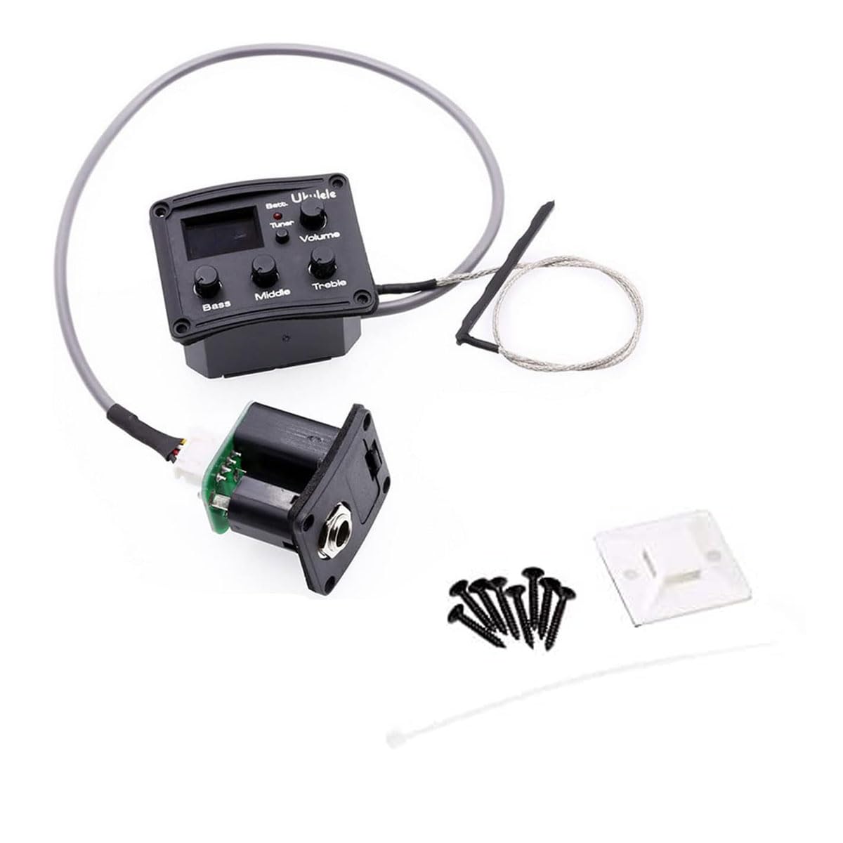 Pastilla piezoeléctrica para ukelele con preamplificador, ecualizador de ecualizador de 3 bandas, sistema de afinación de preamplificador de ukelele con pantalla LCD y control de volumen