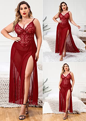 Image of Avidlove Plus Size Lingerie for Curvy Women Long Lace Babydoll Nightdress | V neck sheer mesh nightgown,g-string included,high side slits,adjustable straps,curve-flattering fit,maternity photoshoot