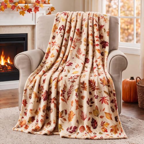 Manta de lanzamiento de otoño MixYoke con hojas de calabaza y franela a cuadros para sofá cama