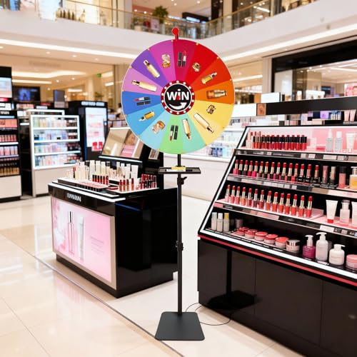 60 cm Glücksrad zum Drehen, 14 Farben personalisierte Anpassung, 3,5kg Metallständer Verstellbar von 85 - 160 cm, Drehendes Preisrad Bunt Fortune Wheel für Lotteriespiele Wortspiele Partys Karneval