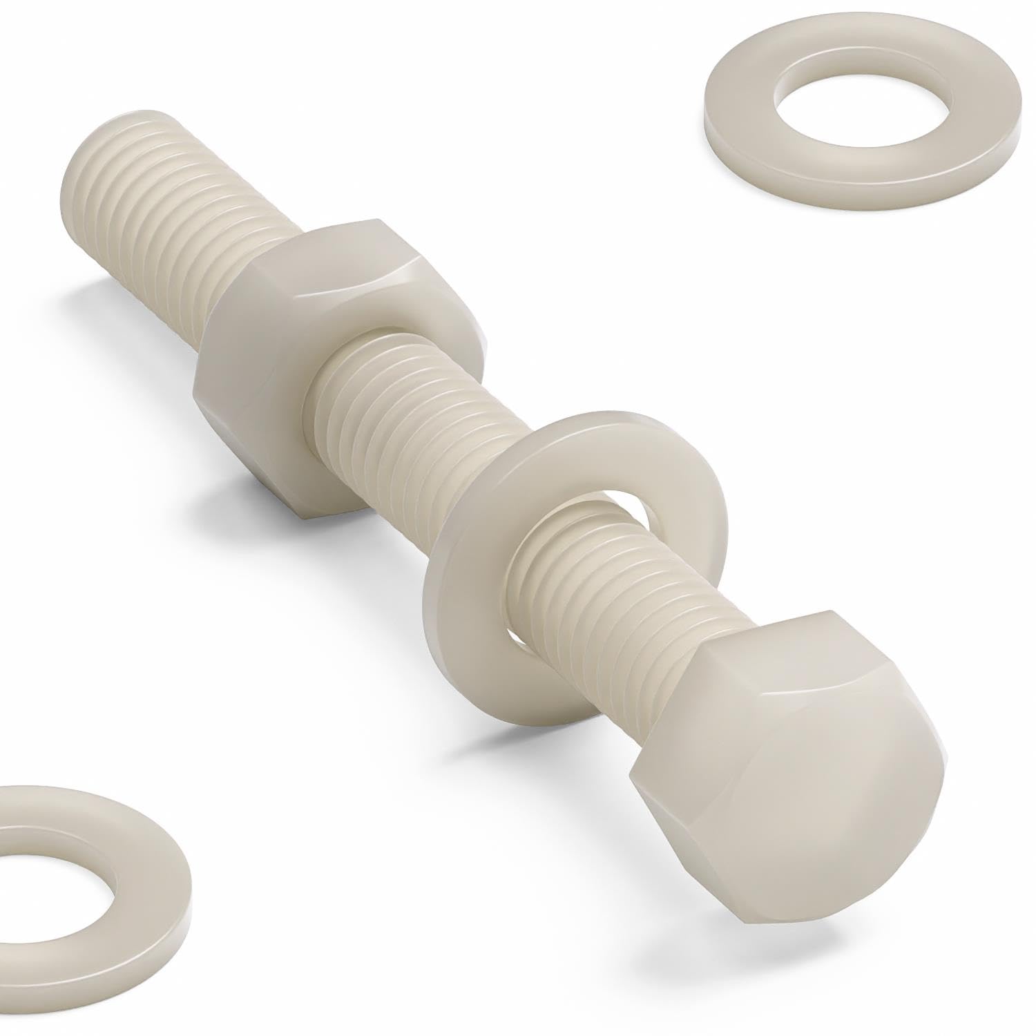 10x Natural Nylon Hex Head, M10 x 75 mm, Plastic Nuts and Bolts, Washers, Hexagon, Nylon