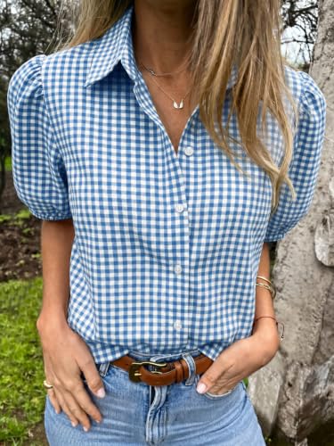 Image of Tankaneo Women's Button Down Shirts Short Puff Sleeve Collared Dressy Casual Blouse Tops