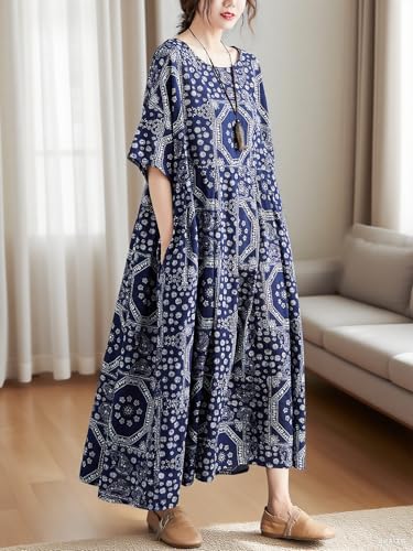 Women Plus Size Dresses Summer Vintage Print O Neck Oversized Boho Vacation Casual Robe with Side Pockets4