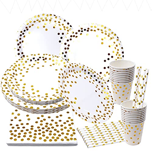 INHEMING 80 Pièces Vaisselle de Fête Blanches et Or , Vaisselle Jetable Anniversaire Comprendre Assiettes en Papier, Serviettes, Pailles, Tasses pour Noces Baby Shower Fêtes Nouvel, 20 Invités