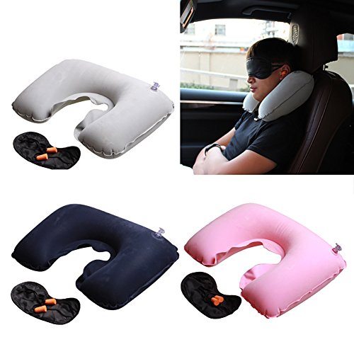 YSHtanj Almohada + máscara de ojos + tapones para los oídos decoración interior cojín inflable de viaje almohada de vuelo cuello u resto de aire máscara de ojos u0096 Color al azar