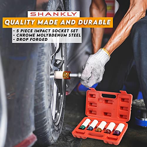 Lug Nut Socket Set, Professional-Grade, Manufactured Using Quality Chromoly Steel, 5-Piece Thin Wall Socket Set 1/2 Inch Impact Socket Set Durable Stripped Lug Nut Remover By Shankly #TOP1