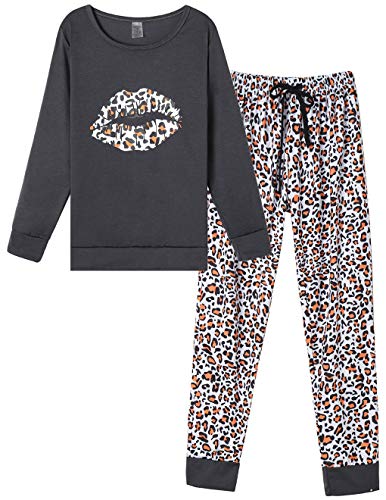 HONG HUI Womens Sleepwear Plus Size Pajamas Casual PJ Set 2PCS Lounge Set, Gray Leopard, X-Small