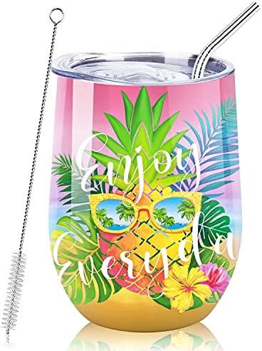 NymphFable 12oz Pineapple Tropical Cup Wine Tumbler with Straw and Lid Insulated Wine Glass Stainless Steel Double Wall