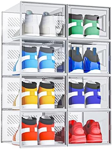 X-Large Shoe Storage Boxes, 8 Pack Shoe Boxes Clear Plastic Stackable, Foldable Shoe Organizer for Closet, Space Saving Shoe Containers with Lid, Sneaker Storage for Sneakerheads, Fit for Men/Women US Size 13 (14.3"x 9.8"x 7.3")(8 PACK)