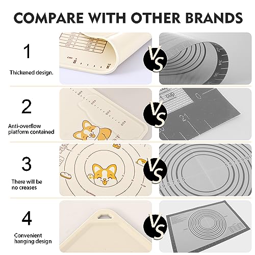 Silicone Baking Mat with Dough Cutter, Ourokhome 20\'\' X 16\" Extra Thick Kneading Rolling mat with Measurement and Conversion Chart for Pastry, Pasta, Pizza, Fondant, Bread, Cookies (Beige)