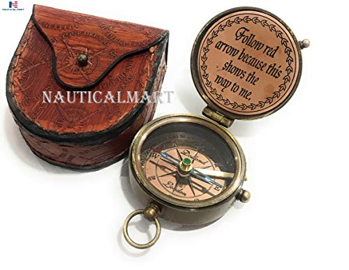 Brújula de bolsillo de latón con estuche de cuero grabada miniatura 2
