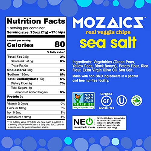 Mozaics Sea Salt Snack Bags- Popped Veggie Chips (20-Pack) | Healthy Pea Protein Crisps | Gluten Free (0.75 Oz Single Serving Bags) #TOP5