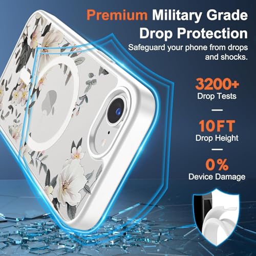 Image of VONZEE Compatible with iPhone 17e / iPhone 16e /SE4 Case, Luxury Retro Flowers Floral Clear for Magnetic Wireless Charging Case PC+TPU Cute Glossy Shiny Cover for Girls Women, White