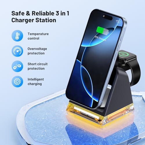 Image of 3 in 1 Fast Charging Station for Multiple Apple Devices, Portable Wireless Charger Stand with Magsafe,Magnetic Travel Charge Dock for iPhone 16e /15 Pro Max /14 Plus /13 Mini /12 /Apple Watch Ultra /AirPods