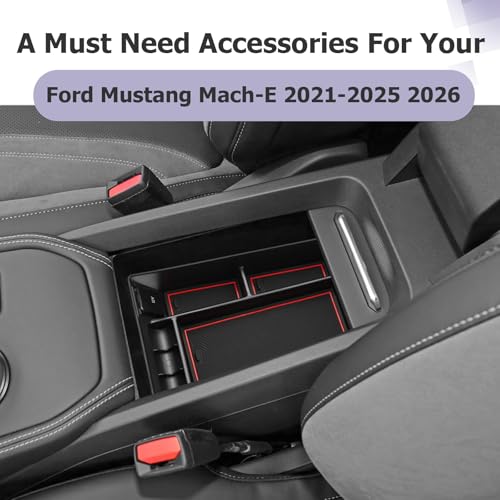 Image of LUWU 2024 Mustang Mach E Center Console Organizer for 2021-2024 Ford Mustang Mach E Select /Premium /GT Accessories Armrest Console Storage Box Glove Organizer Tray ABS Material (Red)