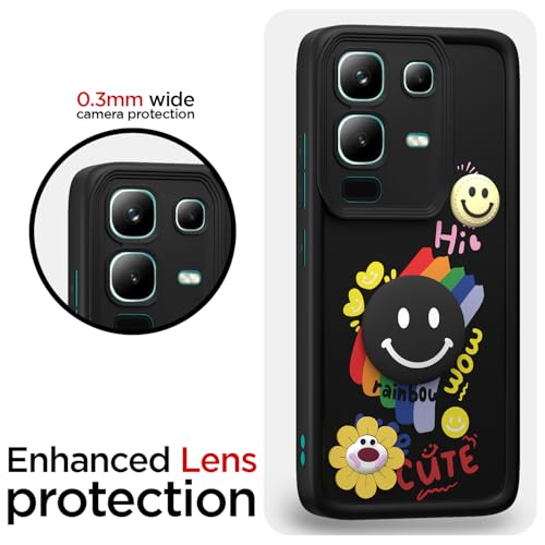 Image of Pikkme Back Cover for Infinix Note 50s 5G | Soft Silicone| Cute Rainbow Smile & 3D Cartoon Flower Design | Shockproof Raised Camera Protection Bumper Case (Black)