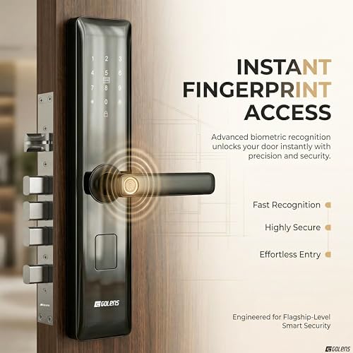 Image of Golens X33 Glossy Smart Door Lock | 6-in-1 Keyless Entry | Fingerprint, PIN, RFID, OTP, Mobile App & Key | WiFi Digital Lock (No Gateway Required) | Anti-Theft Alarm | Fits 30-100mm Doors