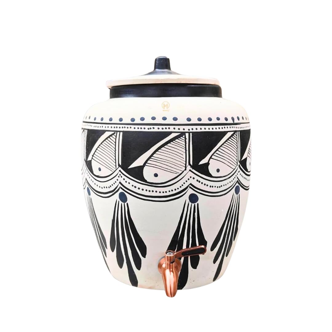 White Clay Water Black Spades Earthenware, Natural Cooling Water Dispenser Comes with Metal Tap and Lid Capcity 11 Liters / 372 Oz