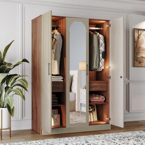 Image of Wakefit Wardrobe for Bedroom | 3 Yr Warranty | Cupboard for Bedroom, Almirah, Wooden Wardrobe, Comes with LED light, Storage Drawer, Mirror & Hanger, Density:680-750kg /m, Free Installation(Tyrian-CB)