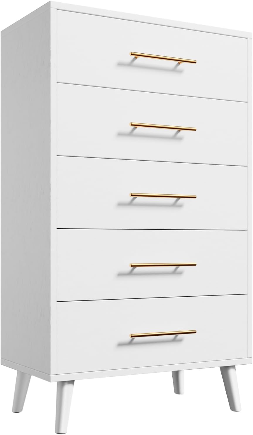 Aiho 5 Drawer Dresser, Tall Dresser with Metal Handles, Wood Storage Organizer for Bedroom, Hallway, or Entryway, White