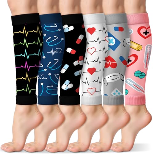 Hercicy 6 Pairs Cna Week Appreciation Gifts Calf Compression Sleeve for Nurse Footless Compression Socks Support Sports Elastic Leg Sleeve for Cna Week Nurse Thank You Gift(Classic)