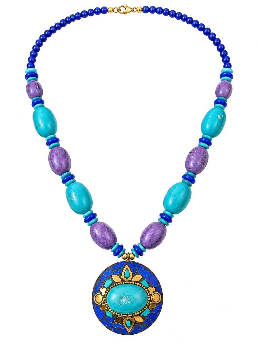 Buy Turquoise & Amethyst Beaded Necklace with Mosaic Pendant
