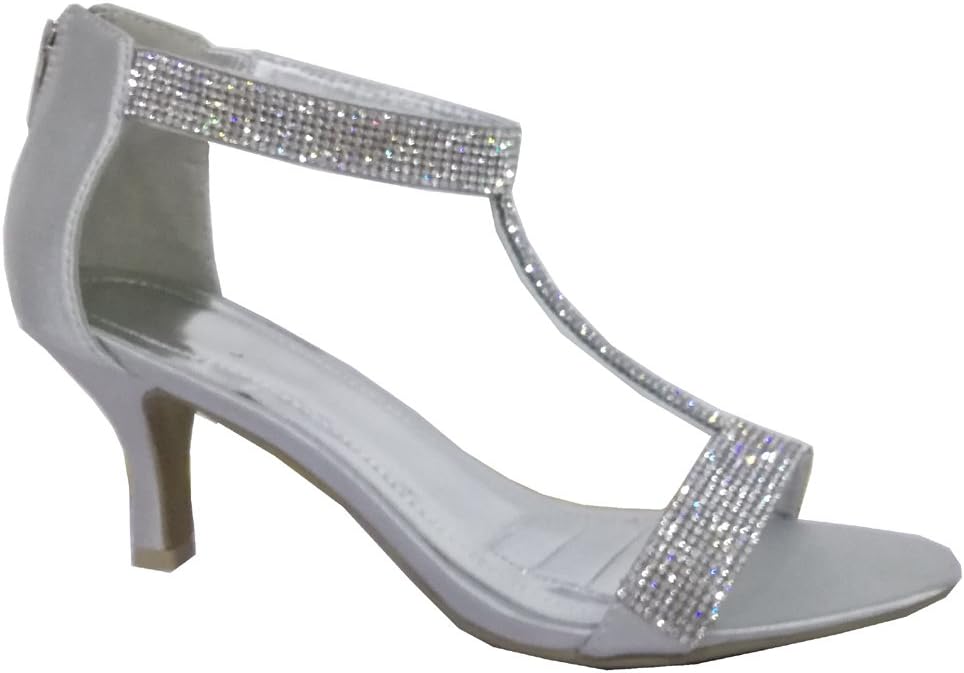 Womens Silver Ladies mid Low high Heel Strappy t bar Party Wedding Prom Sandals Shoes Size (UK3 / EU36, Silver Satin)