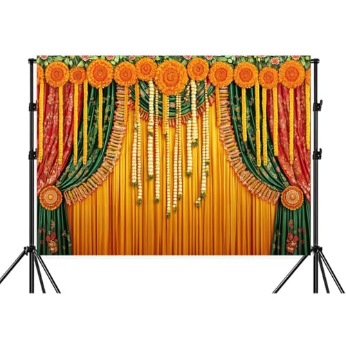 Image of 7X5ft Indian Pooja Backdrop Traditional Diwali Puja Ganpati Background Marigold Garland Drape for Wedding Party Religious Festival Decor Photo Booth Studio Props