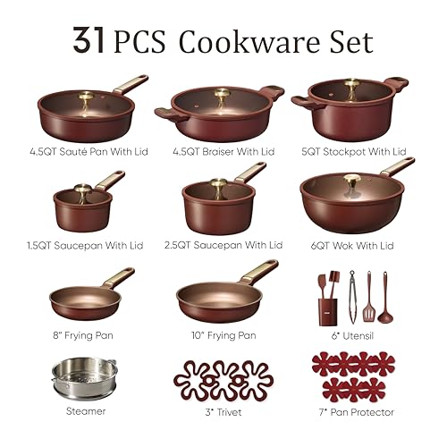 Image of CAROTE Pots and Pans Set Nonstick, 31pcs Cookware Set Nonstick Non-Toxic, Induction Cookware Kitchen Set Cooking Pots with Lids,Wine Red