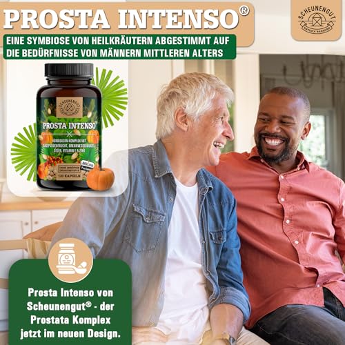 PROSTA INTENSO® Prostata Kapseln - WICHTIG: Laborgeprüfter Markenkomplex mit Sägepalmenextrakt, Brennnesselwurzel, Kürbiskern, Zink, Selen & mehr I Saw Palmetto -DE- SCHEUNENGUT®