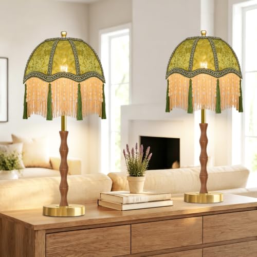 Industrial Table Lamps Set of 2 for Bedroom,Reto Boho Beside Lamp Dimmable Gold Bedroom Lamps Green Desk Tall Table Light Mid Century Modern Mini Nightstand Table Lamp for Bedroom Living Room