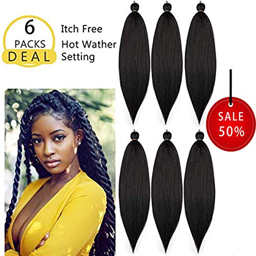 Xinxinshuyu Pre Stretched Braiding Hair 24”-6 Packs/Lot Professional Free Low Temperature Synthetic Fiber Crochet Braids Braiding Yaki Texture Hair Extension Twist Braid (24 Inch, 1B)