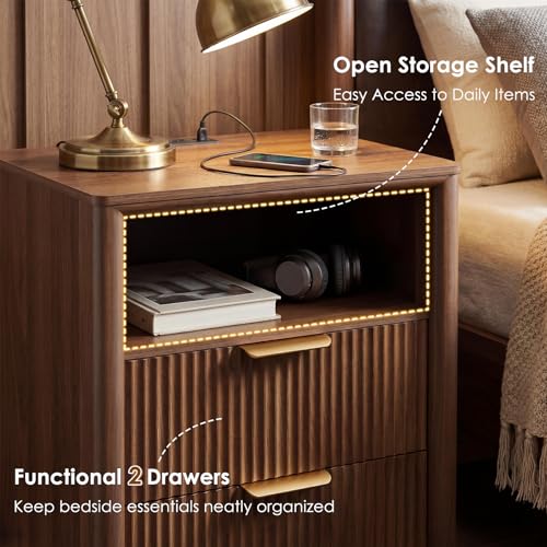 Image of LYNCOHOME 19.7 inch Fluted Nightstand with Charging Station, 2 Drawer Bedside Table, Modern Night Stand with Curved Edge Design, Wooden End Table for Bedroom, Rounded Night Stand with Storage, Walnut