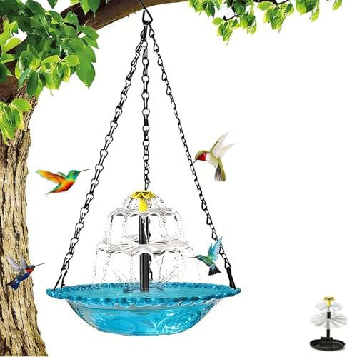 Hanging Solar Bird Bath Fountain Solar Powered Cascading Outdoor Water Fountain Hanging Bird Bath with Water for Outdoors Garden Patio Backyard Lawn Decor (Blue)