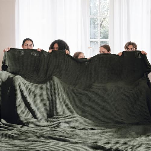 Image of Bedsure 100% Cotton Big Blanket Oversized King for Bed - Large Breathable Thick Cooling Waffle Weave Blanket for Summer, Couch Cover, Olive Green, 120x94 inches