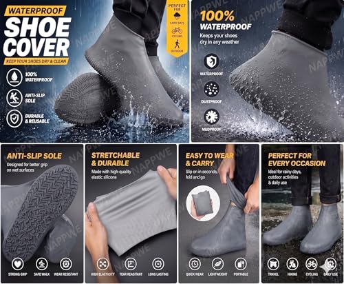 Image of Shoe Cover for Rain Waterproof, Silicone Shoe Covers Waterproof Reusable, Non Slip Rain Shoe Covers for Men Women Kids, Waterproof Shoe Covers for Rain (Grey, Medium)