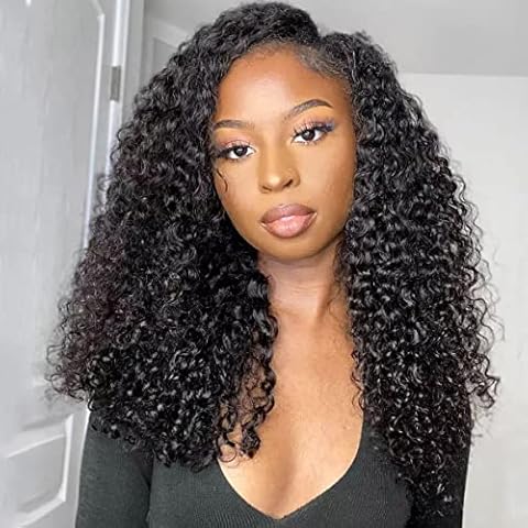 ISEE V Part Wig Human Hair Afro Curly Minimal/No Leave Out Upgrade U Part Wig for Black Women Human Hair V Shape Wig Kinky Curly Thin Part Glueless Clip In Half Wig 180% Density Natural Color 18 Inch Cover