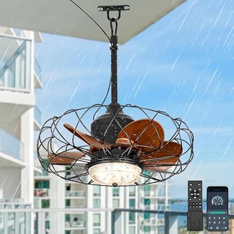 Chords Attic 20" Outdoor Gazebo Fan, Black Outdoor Ceiling Fans with Lights, Portable Hanging Waterproof Caged Ceiling Fan with Dimmable LED Lights for Gazebo Terrace Cover