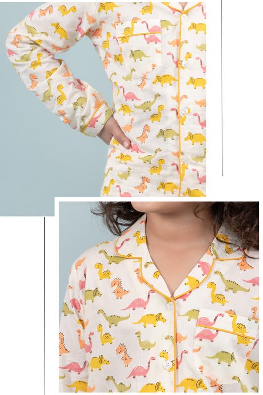 Image of Tweeny Mini Kids Girls Pure Rayon Night Suit | Sleepwear| Night Wear | Nightdress | Top Shirt & Pyjama Combo Set Floral Printed with Pockets Full Sleeves