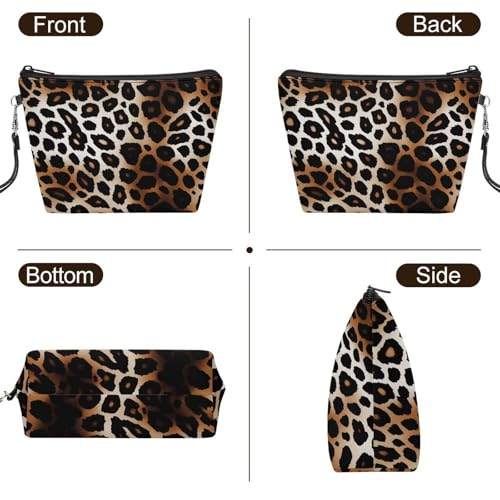 Bolsa de maquillaje de leopardo con asa y cremallera: neceser amplio de piel sintética 3