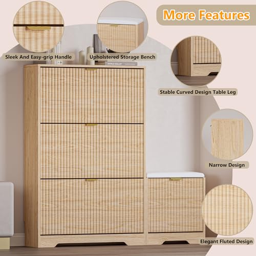 Image of BORNOON Slim Shoe Cabinet with Bench for Entryway, Hidden Storage and Adjustable Shelves, Free Standing Wooden Shoes Organizer for Hallway, Foyer