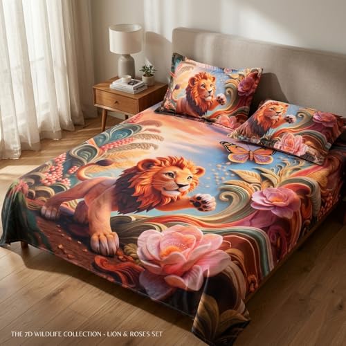 Image of Jungle 7D Printed Bedsheet for Double Bed | Glace Cotton 7D Digital Print | 90x100 Inch (228x254 cm) | 1 Bedsheet + 2 Pillow Covers | Soft, Breathable & Vibrant Colour Bedding Set