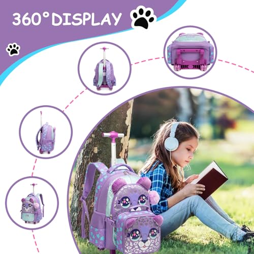Egchescebo Kids Rolling Animal Backpack for Girls Trolley Suitcases Luggage Travel with Wheels Bookbag Wheeled 17" 3PCS Roller Backpacks Set Toddler Back Pack School Bags for Elementary Purple3