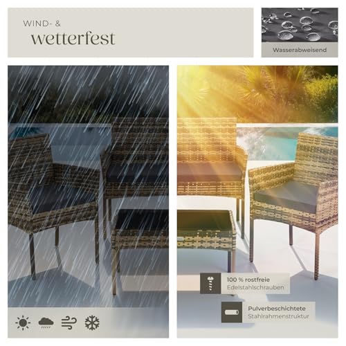 tectake® Rattan Gartenmöbel Set, Outdoor Lounge Möbel,1x Gartenbank, 2X Stuhl, 1x Balkontisch, mit Outdoor Kissen wetterfest, Balkonmöbel Kleiner Balkon, Lounge Gartenmöbel, Terrassenmöbel - Natur