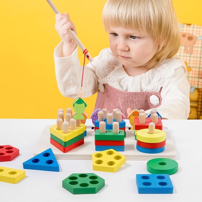Image of SHINETOY Wooden Fishing Column 2 in 1 6 Sets (Preschool Puzzle Game) Early Montessori Teaching aids 1 to 3 Years Geometric Shape Matching Building Blocks Fishing Game for Kids Education