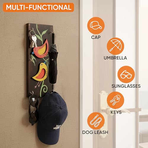Image of AAKRITI ART CREATIONS Key Holder, Ini Mini Hand Painted Wooden Key Holder with Twin Bird Design | Rustic Mango Wood Wall Organizer with 6 Hooks | New Home Gifts.